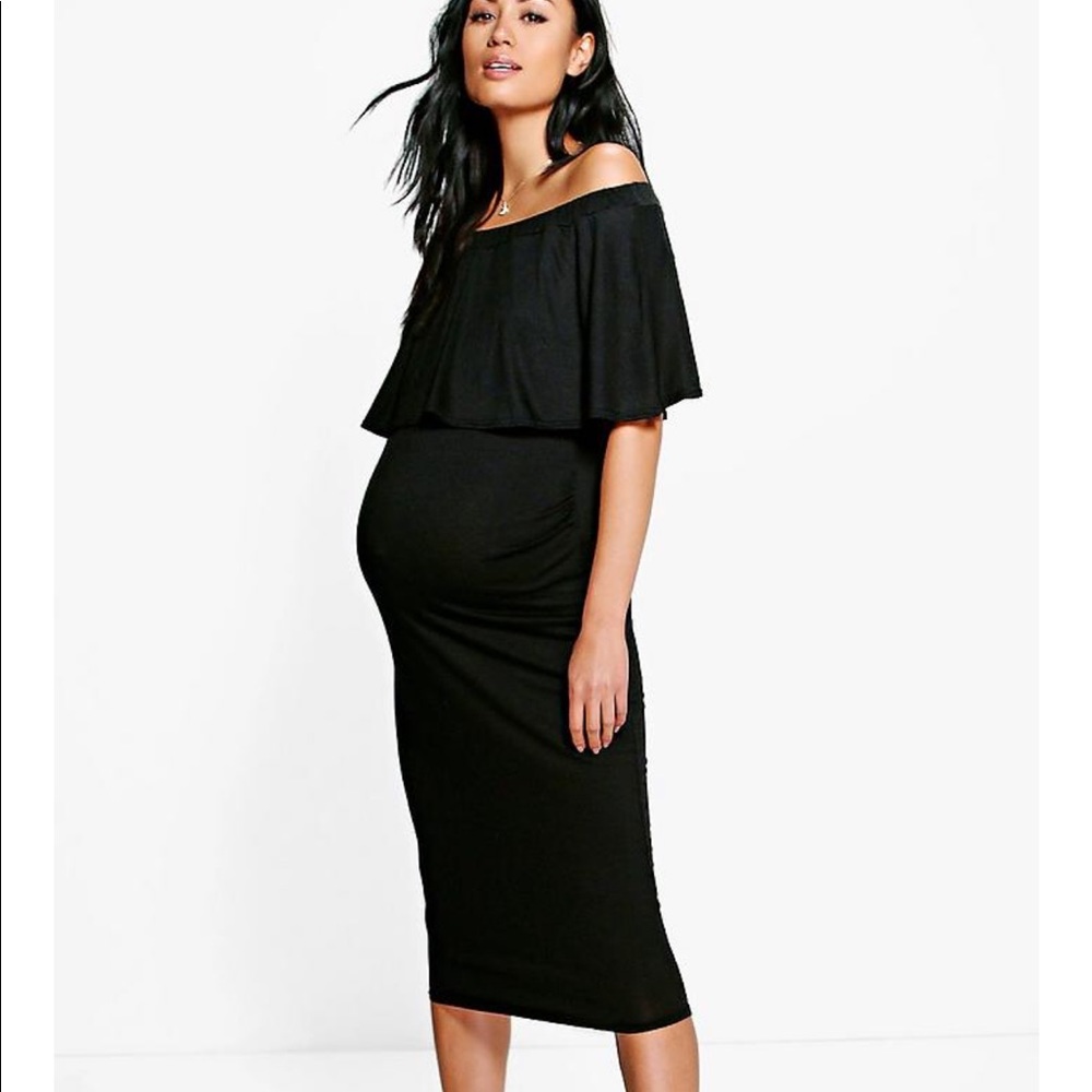 Boohoo off shoulder ruffled body on dress